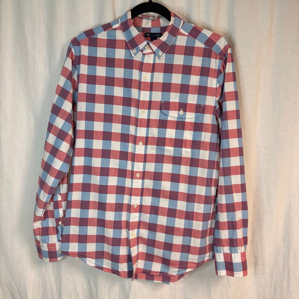 Gap Slim Fit Plaid Button Down Shirt Men's Medium Red Blue Cotton Casual